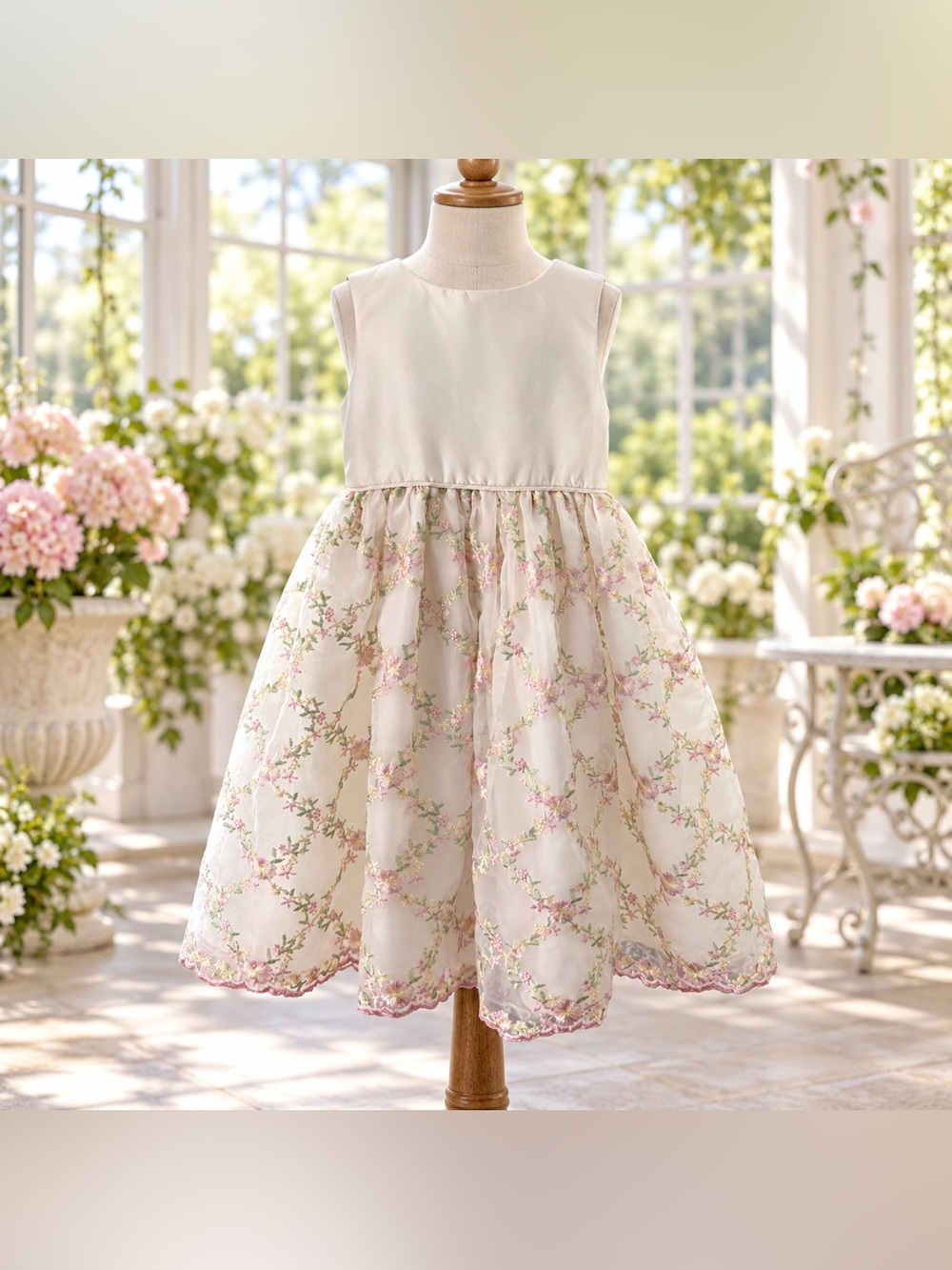 American Princess Girls Ivory Floral Embroidered Dress Size 6